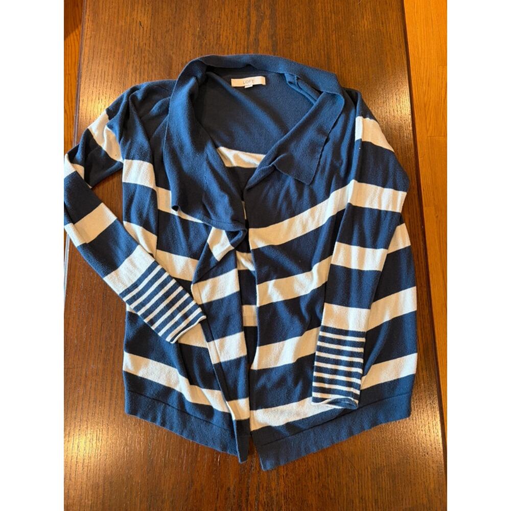Loft Navy Blue and White Striped Cardigan